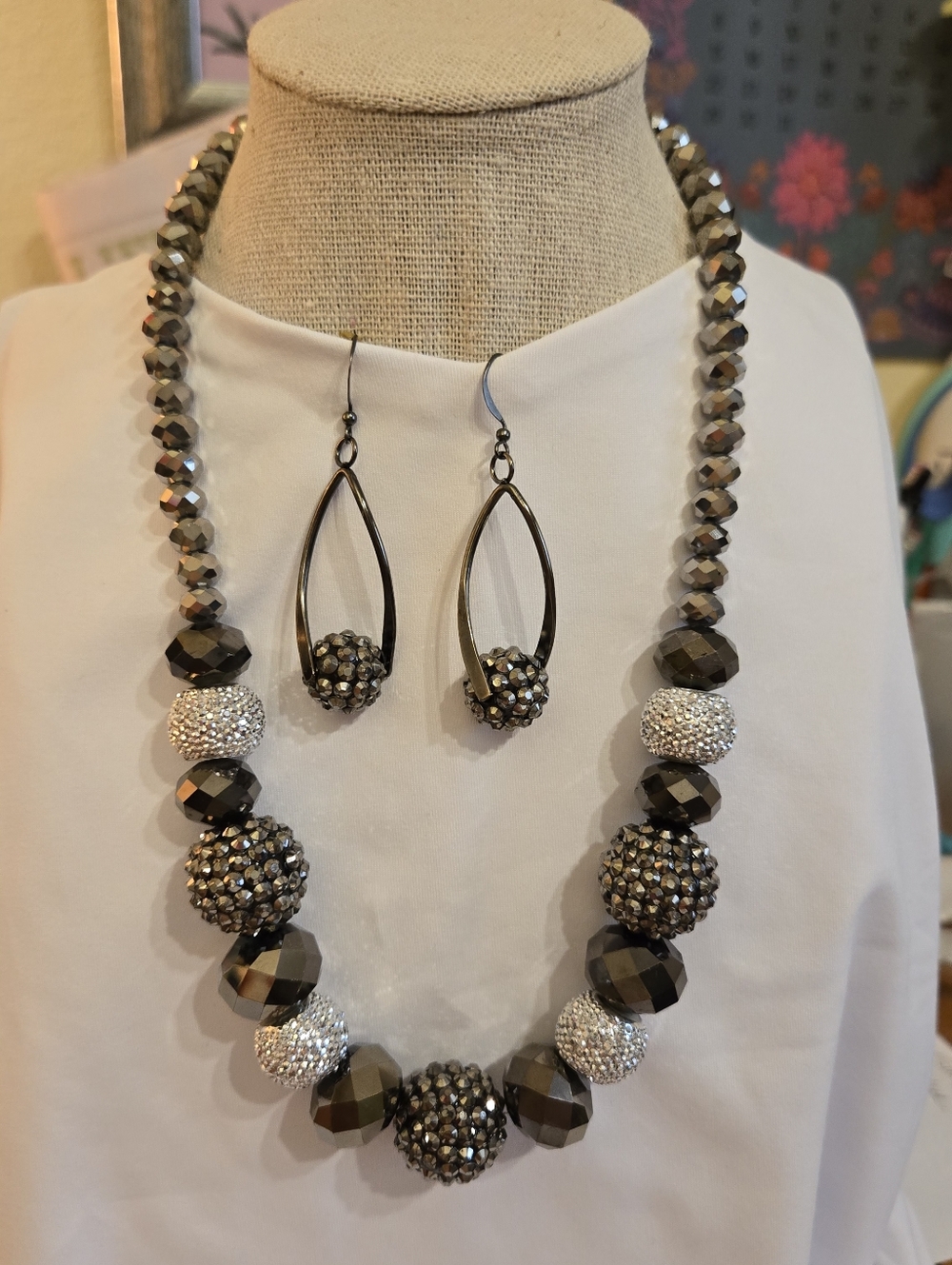 Fashion Crystal Bead Necklace and Earring Set - Gunmetal and Silver Paparazzi
